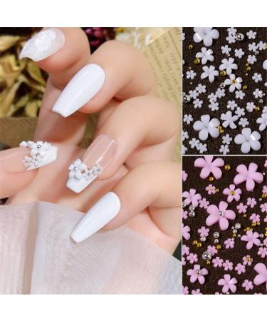 Dornail White Pink 3D Acrylic Flower Nail Charms with Pearl & Golden Caviar Beads - Nail Art DIY Decorations - Buy Online on GoSupps.com