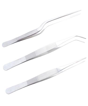 Saizone 3 pieces of kitchen tweezers cooking tweezers cooking tweezers set model building stainless steel tweezers grill tweezers food pliers curved tweezers straight tweezers 16cm/ 6inch tweezers silver 3 set