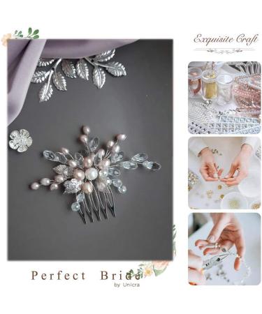 Edary Silver Bride Wedding Hair Comb Pink Pearl Headpiece Leaf Bridal Hair Accessories for Women and Girls - Buy Online on GoSupps.com