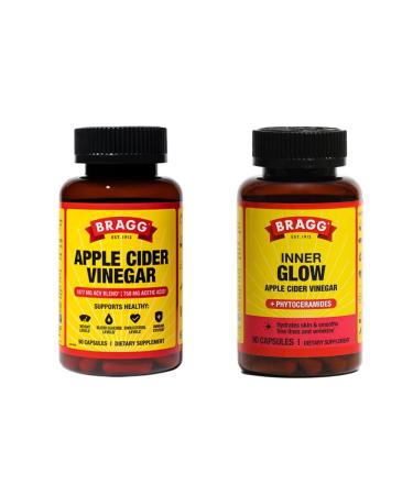 Bragg Original & Inner Glow Apple Cider Vinegar Capsules - Vitamin D3 & Zinc - Phytoceramide - 750mg of Acetic Acid Weight Management Support - Promotes Skin Hydration - Non-GMO Vegan Gluten Free