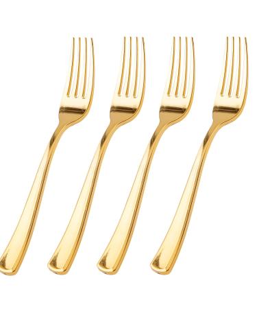 WDF 100 Piece Gold Plastic Forks - 7.4inch Gold Forks Disposable - Gold Plastic Silverware for Dessert Cake - Heavy Duty Plastic Cutlery for Party, Weddings or Daily Using