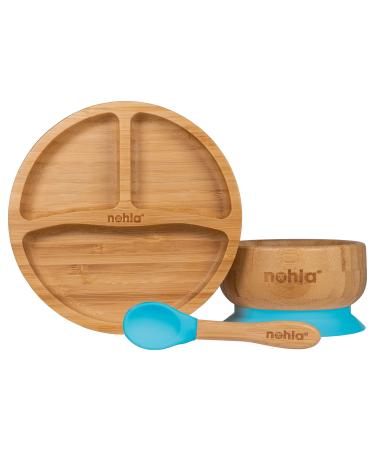 nohla - Bamboo Baby & Toddler Suction Plate Bowl & Silicone Spoon Weaning Set - Suction Ring for Secure Grip on Smooth Surfaces - Eco-Friendly BPA-Free - Blue Blue Set