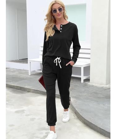 WIHOLL Women's Black Button Down Lounge Set with Sweatshirt and Sweatpants - Medium - Buy Online on GoSupps.com