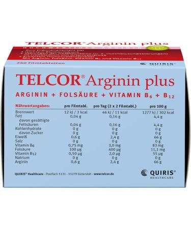 Telcor Arginine Plus - 240 Vegan Tablets for High Blood Pressure & Arteriosclerosis Support | Vitamins B6 B12 & Folic Acid | Quality Made in Germany - Buy Online on GoSupps.com