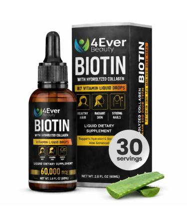 Liquid Biotin & Collagen Drops with Aloe Vera Unique Formula 60 000 mcg - Vitamins for Hair Growth support Strong Nails & Radiant Skin Liquid Collagen Supplement for Women & Men 2 fl oz