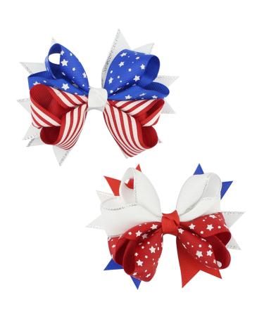 Patriotic Hair Clips 4th of July Hair Bow Clips with Glitter Star Hair Bows Boutique Grosgrain Ribbon Hair Pins Lovely Independence Day Headwear Hair Accessories for Kids Girls 2 Packs Style B