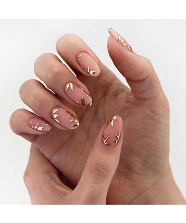 Buy Short Almond Press On Nails | Glossy Gold Leaves Design | Reusable Full Cover Acrylic Fake Nails - 24Pcs - Buy Online on GoSupps.com