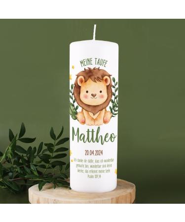 Striefchen Personalized Lion Baptism Candle - 250/80 mm with Custom Name Date & Animal Motifs for International Shipping - Buy Online on GoSupps.com