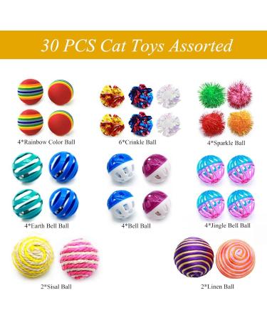 LASOCUHOO 30 PCS Cat Toy Assortment - Rainbow, Crinkle, Sparkle, Bell, Sisal, Linen Balls for Kittens & Cats - Buy Online on GoSupps.com