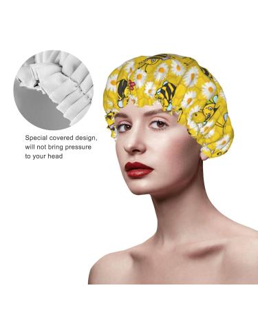 Cute Bee and Flowers Pattern Shower Cap for Women - Reusable Long Hair Cap with Elastic Band - Double Layer Bathing Hat for Adults and Kids - Buy Online on GoSupps.com