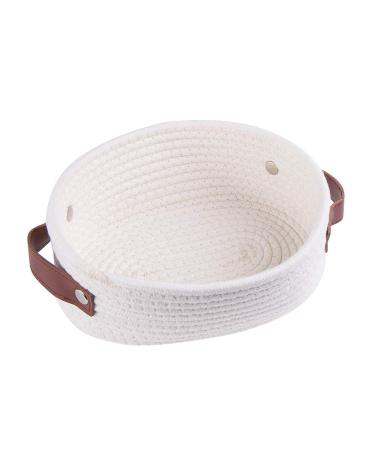 Small Woven Basket for Storage Oval Rope Coil Baskets with Handle Mini Cotton Basket Little Organizer Bins Boho Hamper Nursery Room for Kids Baby Dog Toy Gifts 7.87"x5.51"x4.33", XS White White-1Pack