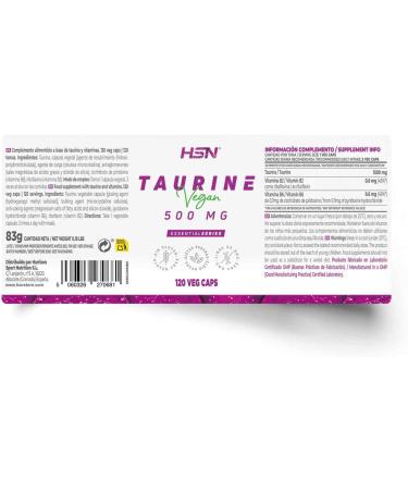 L-Taurine 500mg by HSN | Vegan & Gluten-Free Amino Acid | 120 Capsule Supplement for Enhanced Wellness - Buy Online on GoSupps.com
