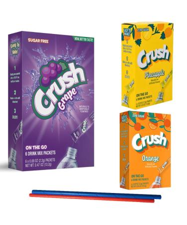 Crush Sugar Free Pinapple Grape & Orange : Low Carb Zero Sugar Drink Mix - 3 boxes of 6 packs - 1 box of Grape Raisin- 1 box of Orange - 1 Box of Pinapple - Ananas - Sugar Free Drink Mix - Keto Drink Mix Zero Guilt! Low Carb Zero Sugar Drink Mix - Comes w