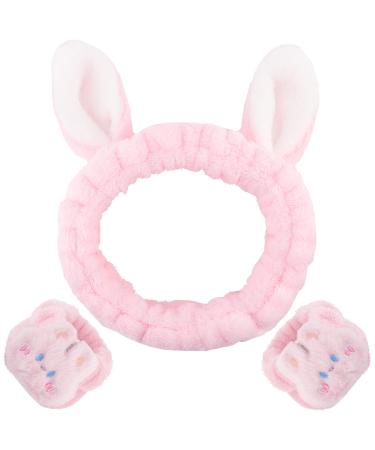WHAVEL 3PCS Spa Headband Face Wash Headband and Wristband Set  Cute Bunny Ears Headband Makeup Headband Facial Headband Wrist Towels Arm Bands for Washing Face (Bunny  Pink)