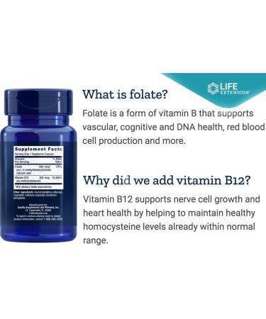 Life Extension BioActive Folate & Vitamin B12 150 Vegetarian Capsules - B-9 Methyl Folic Acid & B-12 Cofactor Veg Caps - Non GMO, Gluten Free, Supports Mood & Methylation - 150 Count - Buy Online on GoSupps.com