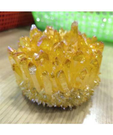 Natural Crystal Rough Yellow Electroplated Natural Crystal Cluster Specimen Rough Rock Quartz Flowers Aura Stones Gift Modern House Decoration (Size : 250-350g)