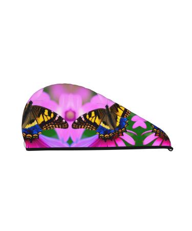 Floral Butterfly Coral Velvet Dry Hair Cap Caps with Buttons for Drying Curly Long & Thick Hair Anti Frizz