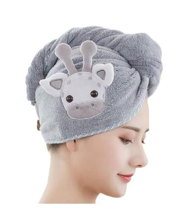 Cartoon hair towels hair turban dry quickly cute animal hair-turbane absorbent towel dry hair has coral fleece with buttons 25 * 60cm deer fawn gray hair drying cloth for everyone