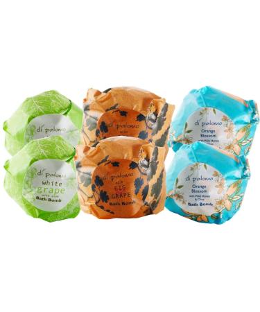 Di Palomo Luxury Bath Bomb Set. 6 Bath Bombs. Bath Bombs Collection. Pamper Gifts for Her. Luxury Bath Bombs for Women. Contains 2X Wild Fig & Grape 2X Orange Blossom & 2X White Grape & Aloe.