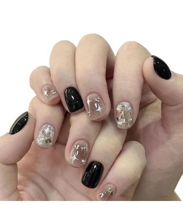 Temperament manicure black star-studded manicure wearing short student nail flash patch sweet and cool detachable whitening finished product.(L)