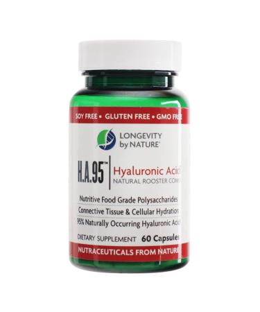 Longevity by Nature H.A.95 Hyaluronic Acid Supplements Antioxidant Skin Hydration Eye Joint Natural Rooster Comb 60 Capsules