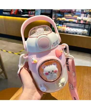 LEJN Kawaii Pink820ml Water Bottle | Adjustable Shoulder Strap | Leakproof BPA-free Cartoon Children Cup | Portable Capsule Bottle for Traveling & Hiking - Buy Online on GoSupps.com
