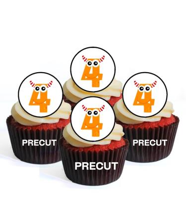 PRECUT Monster 4th Birthday Edible Cupcake Toppers - Monster Numbers Theme Premium Thickness SWEETENED VANILLA - wafer card disc cake decorations (Pack of 12)