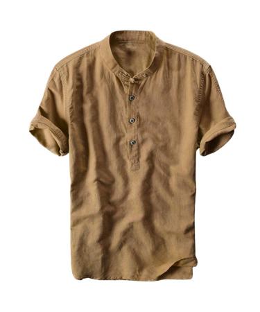 Dress Shirts for Men,Camisas de Hombre Summer Short Sleeve Cotton Linen Shirt Breathable Collar Hanging Dyed Gradient Blouse Khaki 3X-Large
