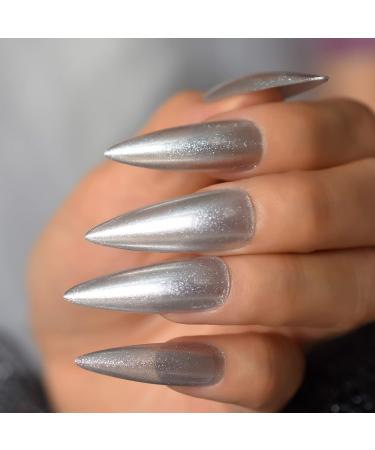 Long Stiletto Silver Glitter Press On Nails - High Gloss Reusable Acrylic Full Cover Fake Nails Kit (24 Pieces) - International Shipping Available - Buy Online on GoSupps.com