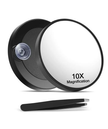 Macaki 10X Magnifying Mirror with 2 Suction Cups 8.8cm Magnified Makeup Mirror and Slant Tweezers 1PCS Black Black 10X