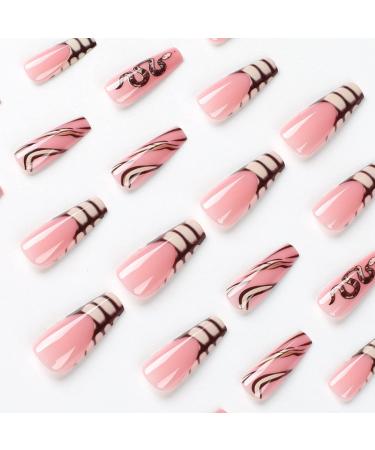 Justotry 24 Pcs Long Snake White French Press on Nails - Medium Pink Ballerina Stick on Nails for Women - Acrylic Coffin False Nails with Glue for Nail Art - Buy Online on GoSupps.com