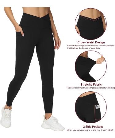 Gym People Women's V Cross Waist Workout Leggings | Tummy Control Yoga Pants with Pockets - Black, Small - Buy Online on GoSupps.com