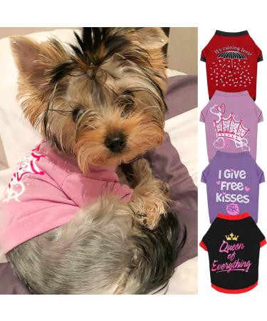 Dog Shirt 4-Pack Female Dog Clothes for Small Dogs Girl Cat Apparel Cute Funny Print Pet Puppy Clothing Doggie Tshirts Outfits f or Summer Purple Pink XS 4PC X-Small (0.5-3 lbs)