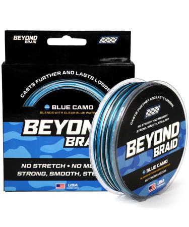 Beyond Braid Braided Fishing Line - Abrasion Resistant - No Stretch - Super Strong -Blue Camo, Moss Camo, White, Green, Pink, Blue, 4 Strand 8 Strand Blue Camo 20LB (300 Yards)