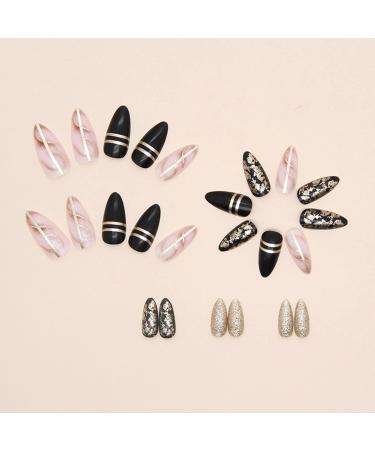 Medium Black Marble Press on Nails with Gold Foil Glitter - Glossy False Nails for Women and Girls - Buy Online on GoSupps.com