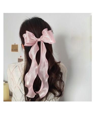 Andelaisi Vintage Silk Bow Hair Clips Long Pink Silk Bow Hair Barrettes Chiffon Hair Clip Barrette Long Bow Hair Clips Headpiece Silky Bow Hair Accessories for Women and Girls Headdress
