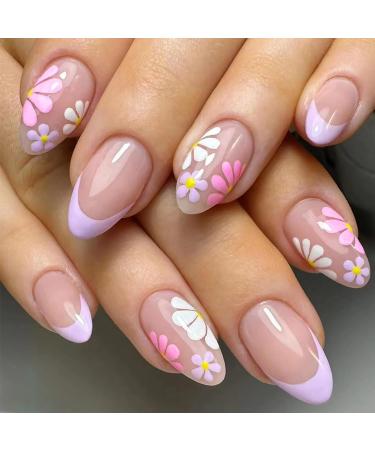 24Pcs Short Press on Nails Almond Fake Nails French Tip Press Ons Colorful Daisy Flowers Acrylic Nails Nude Pink Full Cover Glue on Nails Oval Floral False Nails for Women Girls DIY Manicure Tips Flower Nails Design-11