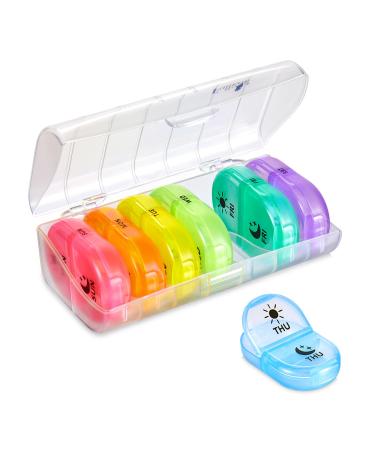 Fullicon Pill Box Organiser 2 Times A Day Portable 7 Day Pill Boxes Tablet Organiser with Large Compartments for Medicine Medication Vitamin and Fish Oil Supplements (Clear Rainbow)