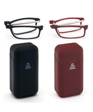 Folding Reading Glasses Compact Portable Readers Blue Light Blocking For Men Women Computer Glasses 2 Pack in Case (Black&Red 2.5) Black+red 2.5 x