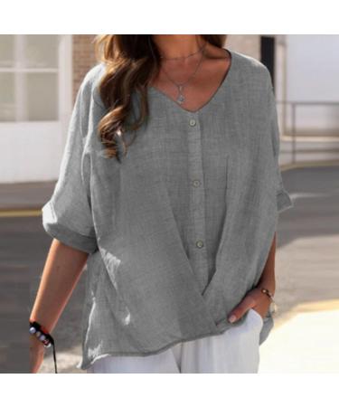 Women Linen Shirts Casual Short Sleeve V-Neck Blouses Button Ladies Work Office Loose Tshirt Basic Summer Tee Shirts 202-qppoj-grey-b 3XL - Buy Online on GoSupps.com
