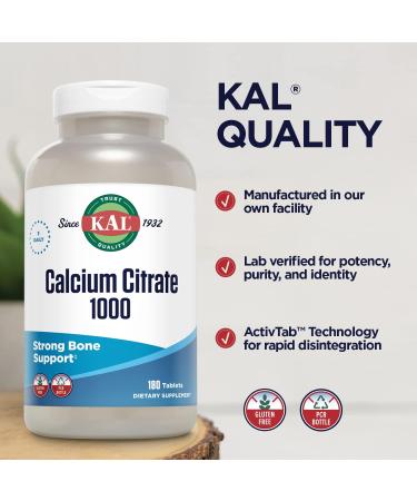 KAL Calcium Citrate 1000mg - High Potency Bone Health Supplement - 240 Tablets - Gluten Free - 60 Day Money Back Guarantee - Buy Online on GoSupps.com