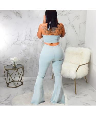 Women's Two Piece Zipper Halter Tank Top and Denim Flare Pants Set - Blue, Size Small - Buy Online on GoSupps.com