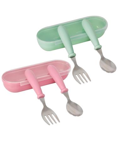 Colexy Toddler Cutlery Set Baby Fork and Spoon Stainless Steel Toddler Utensils Spoon Fork Tableware Set with Storage Box for Kids Self Feeding (Pink+Green)