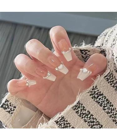 White French Acrylic Coffin Stick On Nails 24pcs - Medium Length Press On Nails with Glue - Ballet French Style Fake Nails for Women and Girls - Heart Puffs Design - Buy Online on GoSupps.com