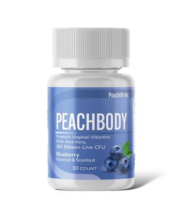 Blueberry Scented & Flavored Probiotic Vaginal Suppositories | 30 Vegetable Capsules with Aloe Vera and 11 Strains for pH Balance Support | 360 Billion+ Live CFU Peachbody