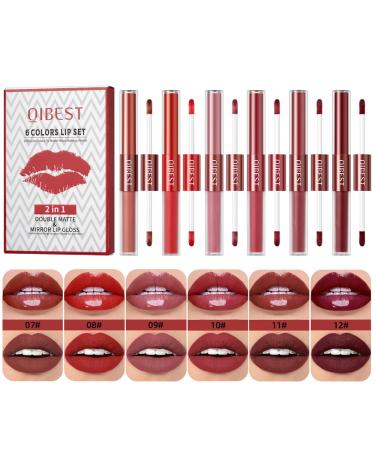 Rechoo 2in1 lipstick set 6Pcs Double Brush Matt & Glossy Lip gloss pink dark red liquid lipstick matte glossy waterproof long-lasting durable lip tint for make-up (Set B) B-Set B