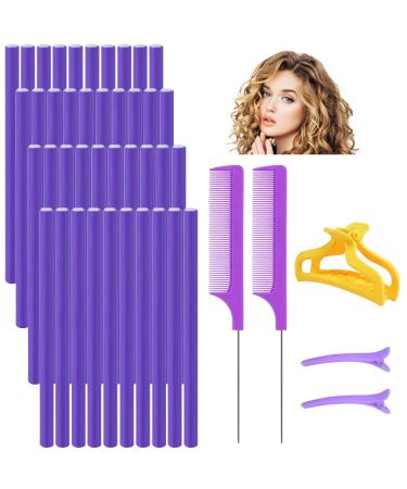 Qinersaw 40pcs 24cm Papilotten Lockenriflers Flex Blow Black Flexible Lockenstab Twist Foam Papilotten Cire Manual Curler Roller For Hair Women Girls without Heat With 2 Kamm 3 Clips purple