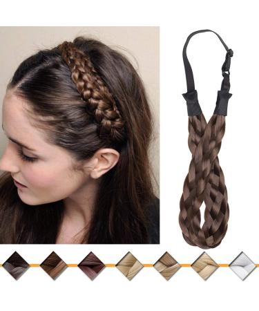 Silk-co women hair band 5 strands brown highlights synthetic hair braided headband elastic hair band for women and girls wedding vintage with hair tie hair parts braids extensions 2.5cm wide dark brown & ash brown