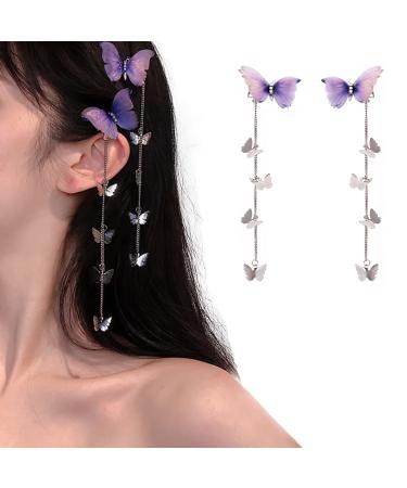 wufawutian Butterfly Hair Pin  1Pair Purple Hanging Ear Butterfly Girl Hair Styling Clip Headdress Accessory