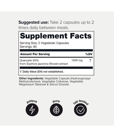 Highly Bioavailable Quercetin Capsules - 1000mg Per Serving - 120 Count - Pure Quercetin Supplement - Buy Online on GoSupps.com